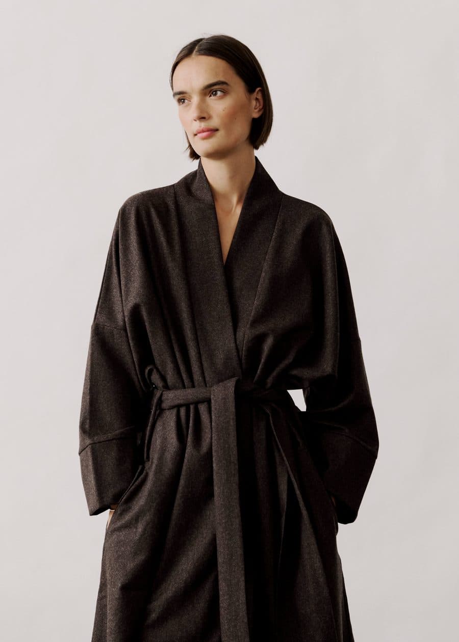 Model in a dark Asceno belted robe